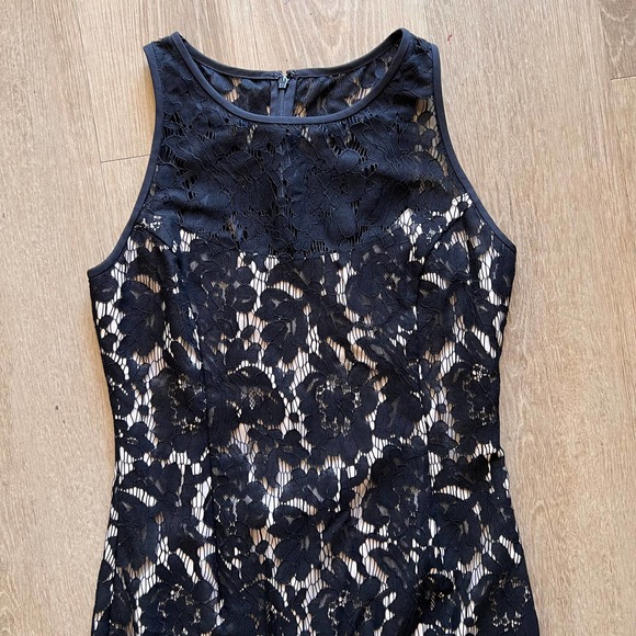 White House Black Market Size 0 Tan Dress With Black Lace Overlay - Picture 3 of 9